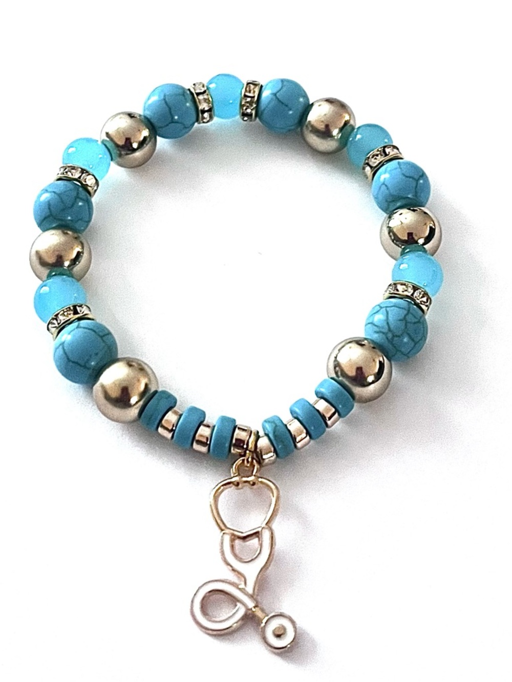 Turquoise Bead Stretch Bracelet with Silver Charm-7”